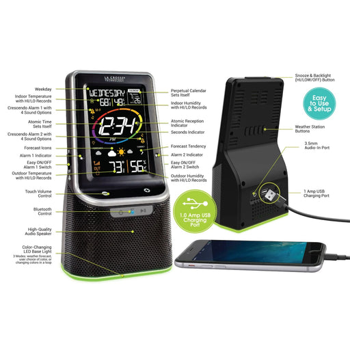 La Crosse Technology S87078 Wireless Weather Station with Bluetooth Speaker, Atomic Time and Date Features