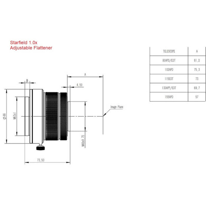 Starfield Adjustable 1.0x Flattener for 80mm - 155mm Telescope - SF-FFA-10 Back Spacing Image