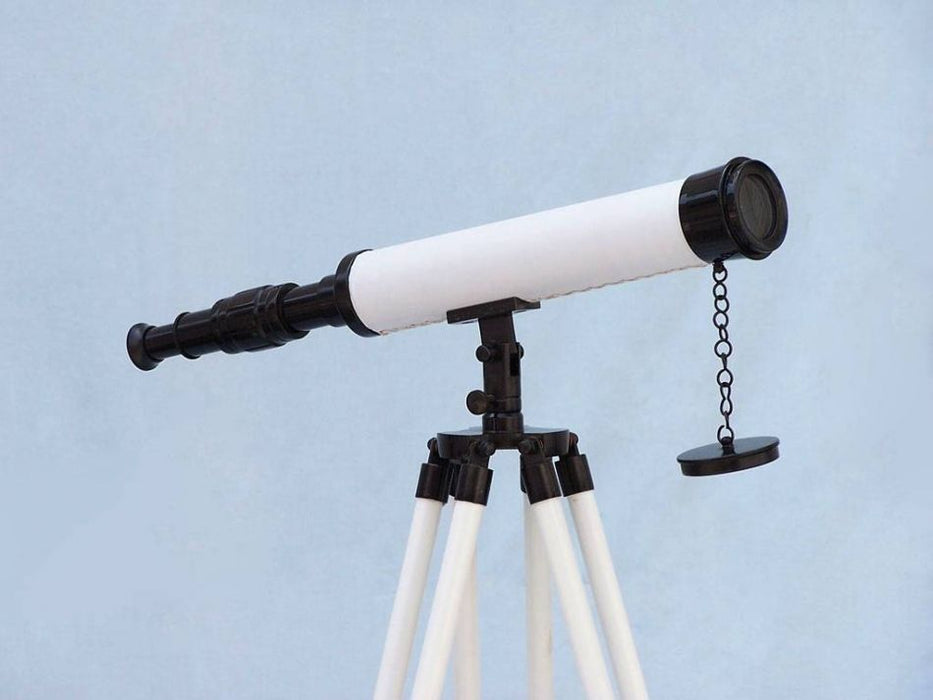 Hampton Nautical 50-Inch Floor Standing Bronze with White Leather Harbor Master Telescope Body Side Profile Right