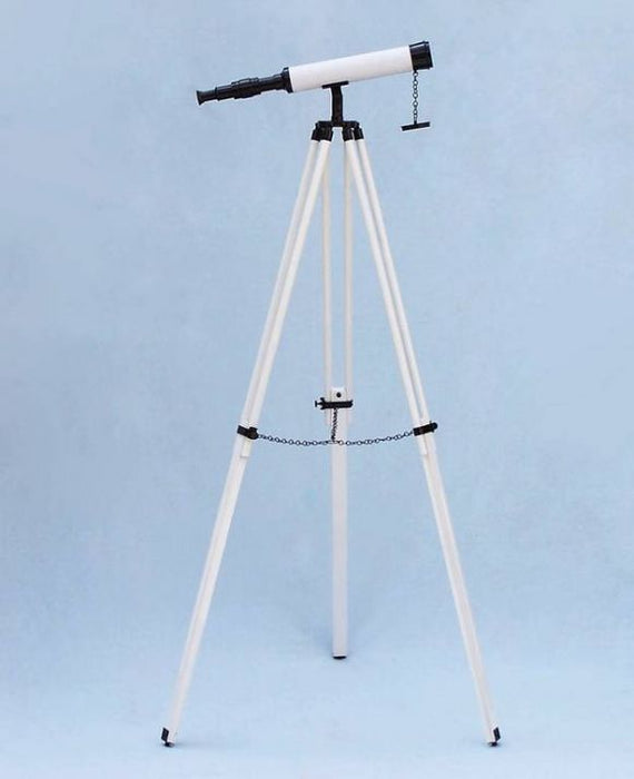 Hampton Nautical 50-Inch Floor Standing Bronze with White Leather Harbor Master Telescope Mounted on Tripod with Extended Legs
