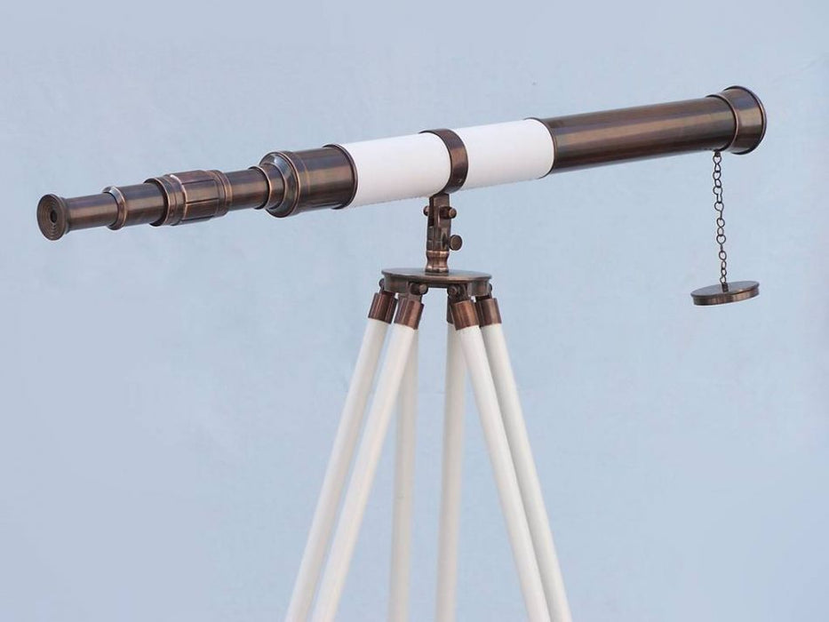 Hampton Nautical 60-Inch Admirals Floor Standing Antique Copper with White Leather Telescope Body Rear Eyepiece Right Profile