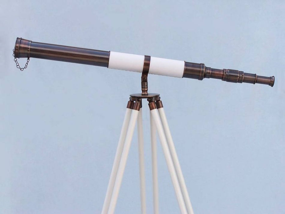 Hampton Nautical 60-Inch Admirals Floor Standing Antique Copper with White Leather Telescope Body Side Profile Left