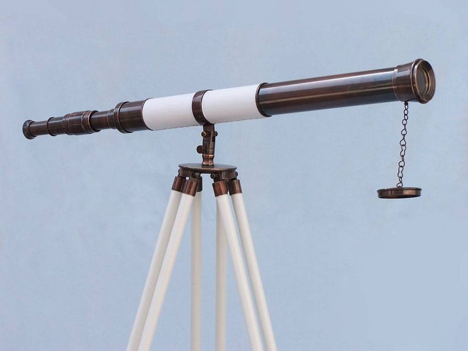 Hampton Nautical 60-Inch Admirals Floor Standing Antique Copper with White Leather Telescope Body Side Profile Right