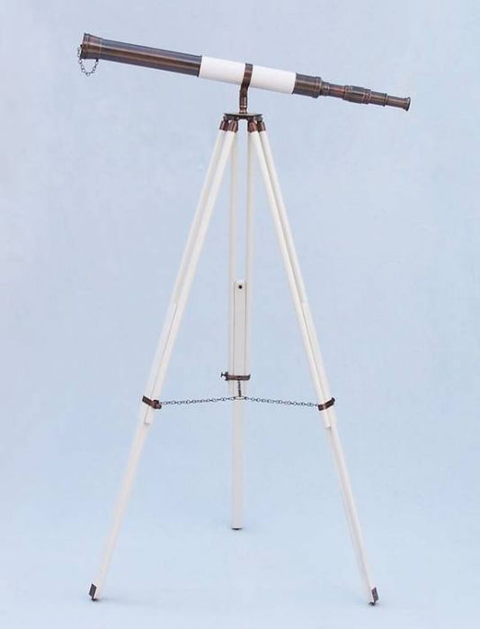 Hampton Nautical 60-Inch Admirals Floor Standing Antique Copper with White Leather Telescope Mounted on Tripod with Extended Legs