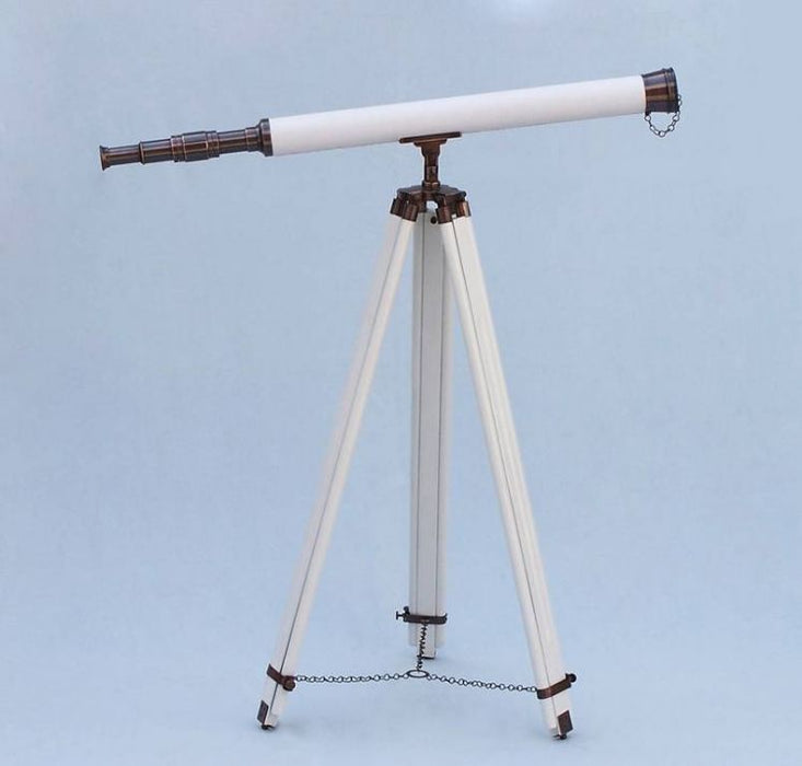 Hampton Nautical 60-Inch Floor Standing Antique Copper with White Leather Harbor Master Telescope Body Mounted on Tripod with Legs and Chain