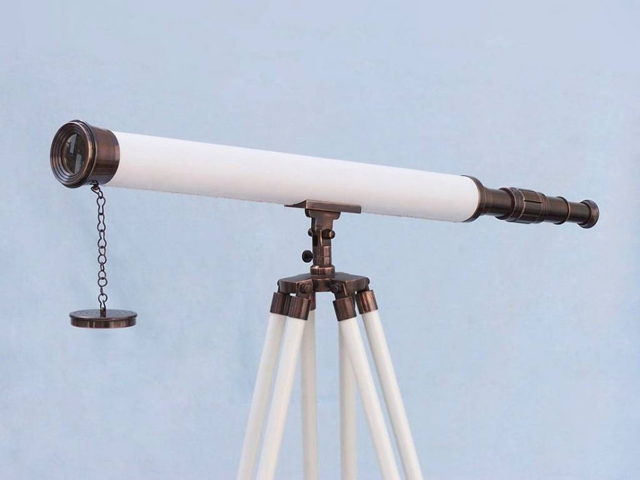 Hampton Nautical 60-Inch Floor Standing Antique Copper with White Leather Harbor Master Telescope Body Side Profile Left