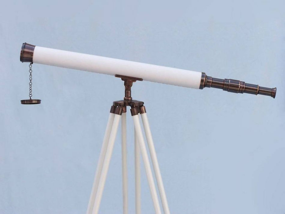 Hampton Nautical 60-Inch Floor Standing Antique Copper with White Leather Harbor Master Telescope Body on Tripod