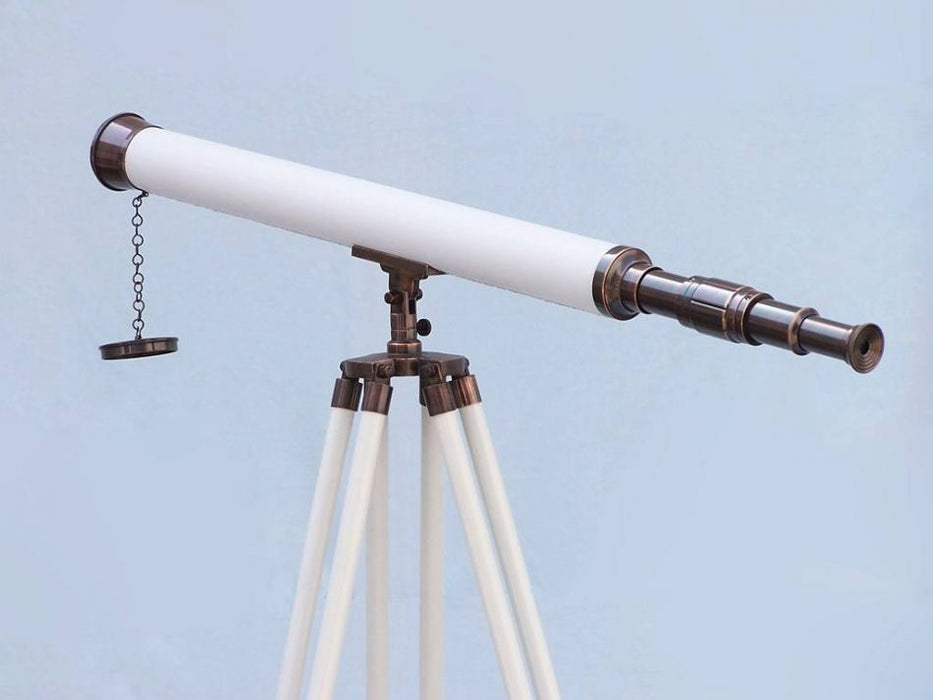 Hampton Nautical 60-Inch Floor Standing Antique Copper with White Leather Harbor Master Telescope Rear Body Eyepiece