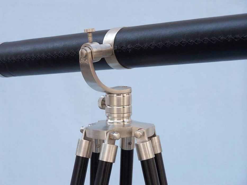 Hampton Nautical 62-Inch Floor Standing Brushed Nickel with Leather Galileo Telescope Tripod Body Base Right Side Profile