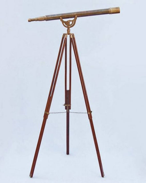 Hampton Nautical 65-Inch Floor Standing Antique Brass Anchormaster Telescope Body Mounted on Tripod with Extended Legs and Chain Right Side Profile