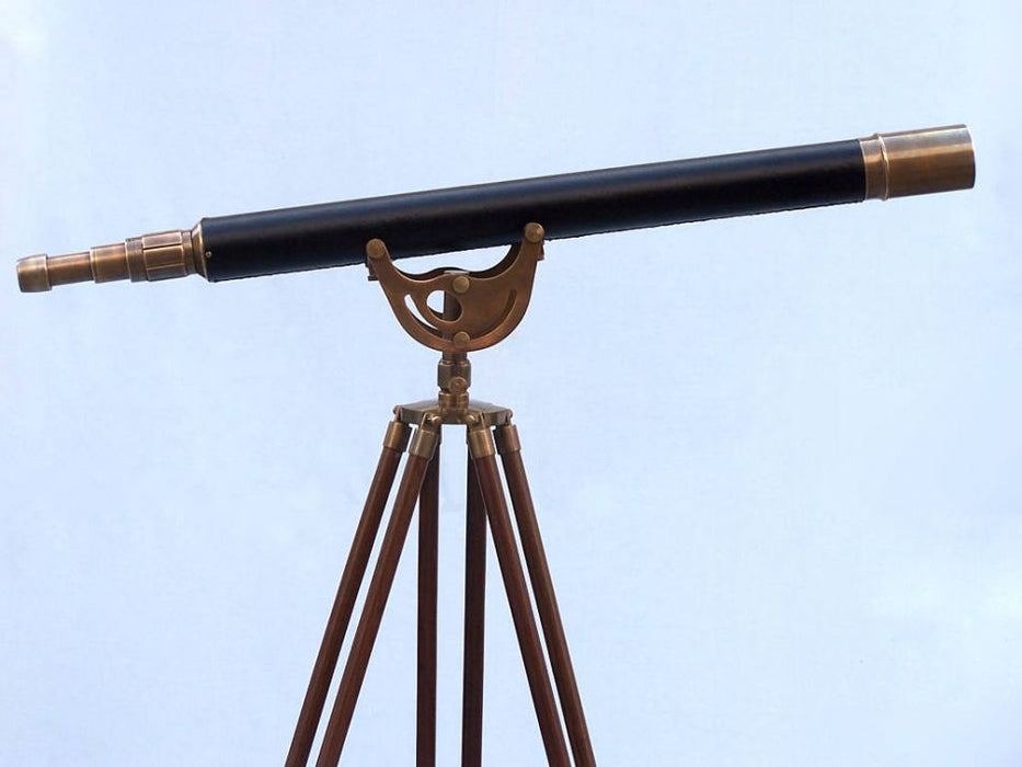 Hampton Nautical 65-Inch Floor Standing Antique Brass Leather Anchormaster Telescope Body Side Profile Right