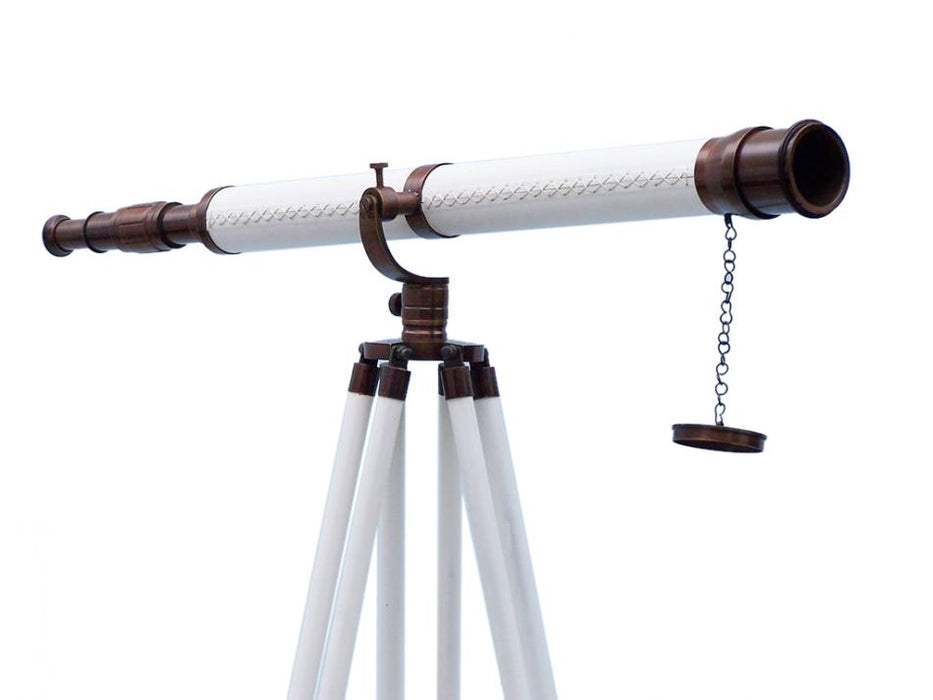 Hampton Nautical 65-Inch Floor Standing Bronzed with White Leather Galileo Telescope