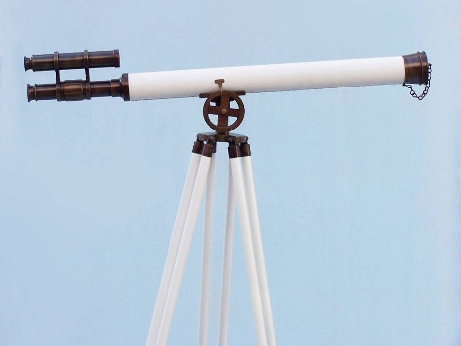 Hampton Nautical 65-Inch Floor Standing Bronzed with White Leather Griffith Astro Telescope Body on Tripod with Lens Cap Right Side Profile