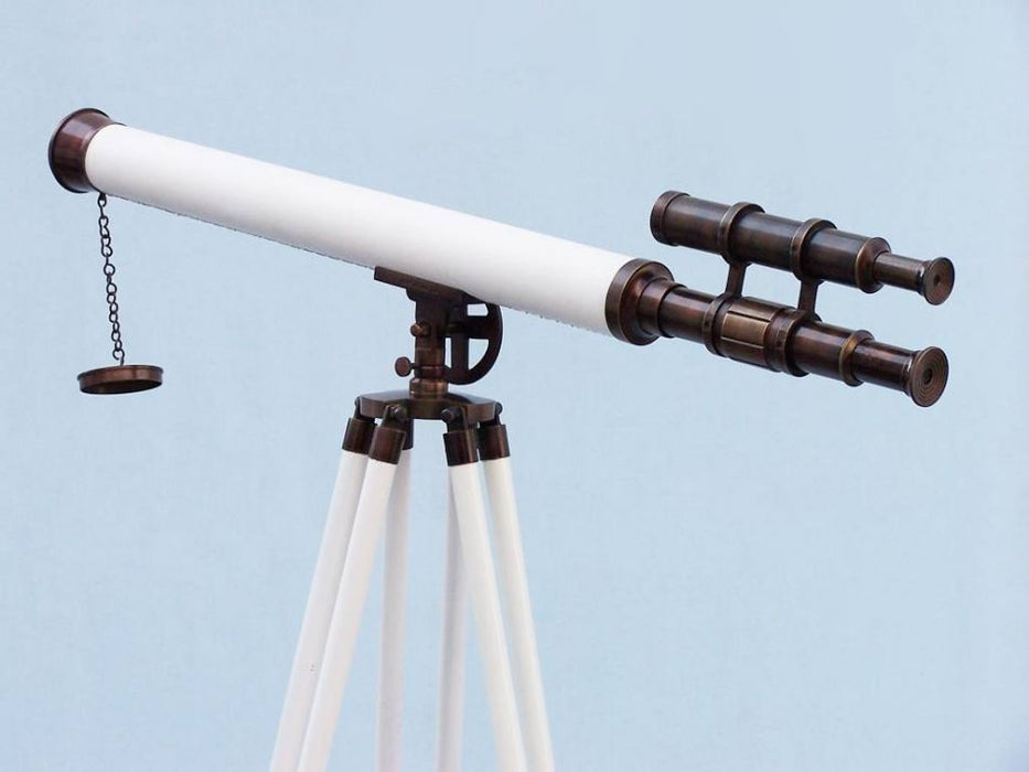 Hampton Nautical 65-Inch Floor Standing Bronzed with White Leather Griffith Astro Telescope Rear Body Eyepiece and Viewfinder Side Profile Left
