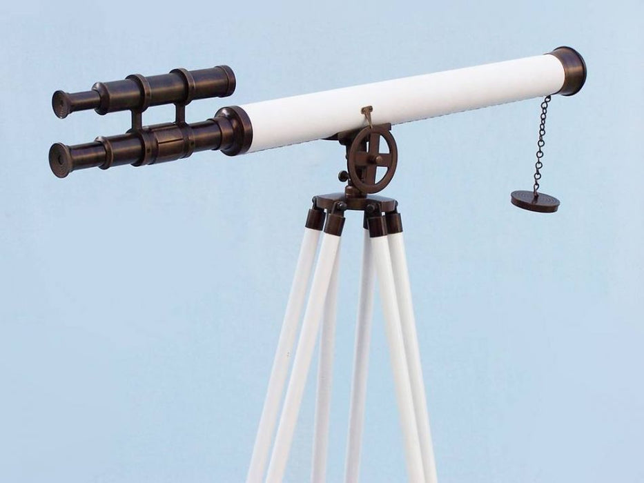 Hampton Nautical 65-Inch Floor Standing Bronzed with White Leather Griffith Astro Telescope Rear Body Eyepiece and Viewfinder Side Profile Right