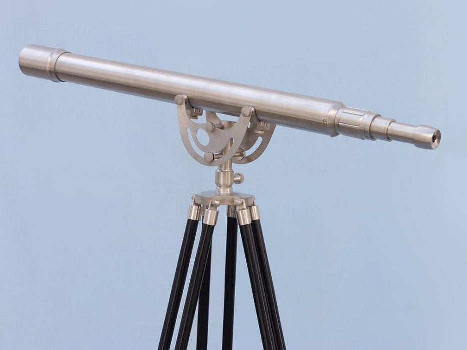 Hampton Nautical 65-Inch Floor Standing Brushed Nickel Anchormaster Telescope Rear Body on Tripod Side Profile Left