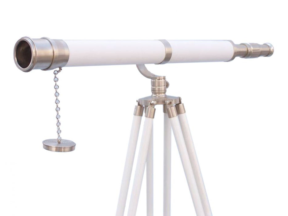 Hampton Nautical 65-Inch Floor Standing Brushed Nickel With White Leather Galileo Telescope