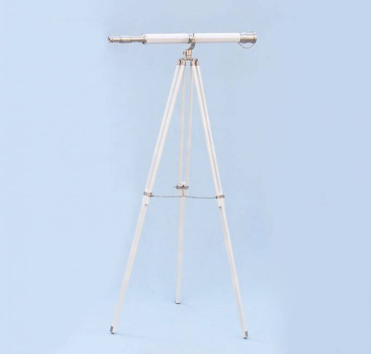 Hampton Nautical 65-Inch Floor Standing Brushed Nickel With White Leather Galileo Telescope Mounted on Tripod