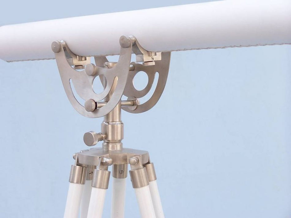 Hampton Nautical 65-Inch Floor Standing Brushed Nickel with White Leather Anchormaster Telescope Tripod Body Base with Knob
