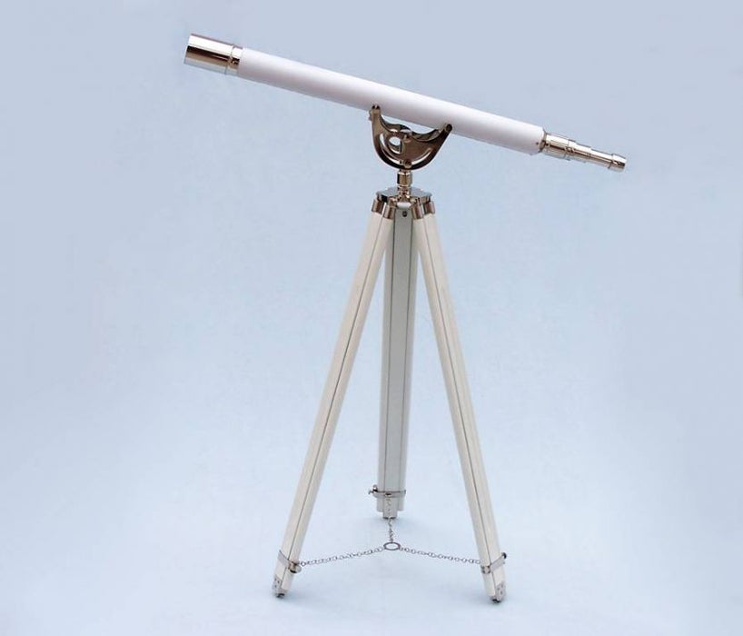 Hampton Nautical 65-Inch Floor Standing Chrome with White Leather Anchormaster Telescope Body Mounted on Tripod