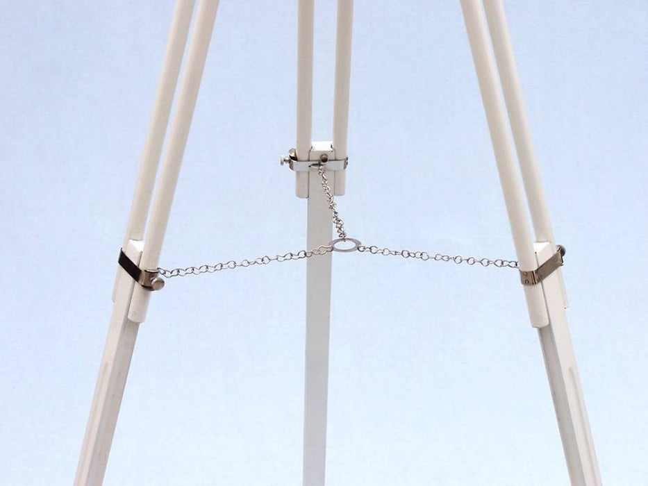 Hampton Nautical 65-Inch Floor Standing Chrome with White Leather Anchormaster Telescope Tripod Leg Chain