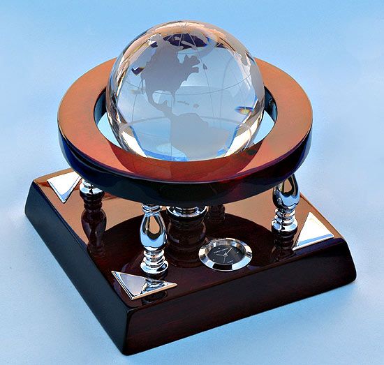 Stanley London Engravable Mahogany Desk Clock With Crystal Globe