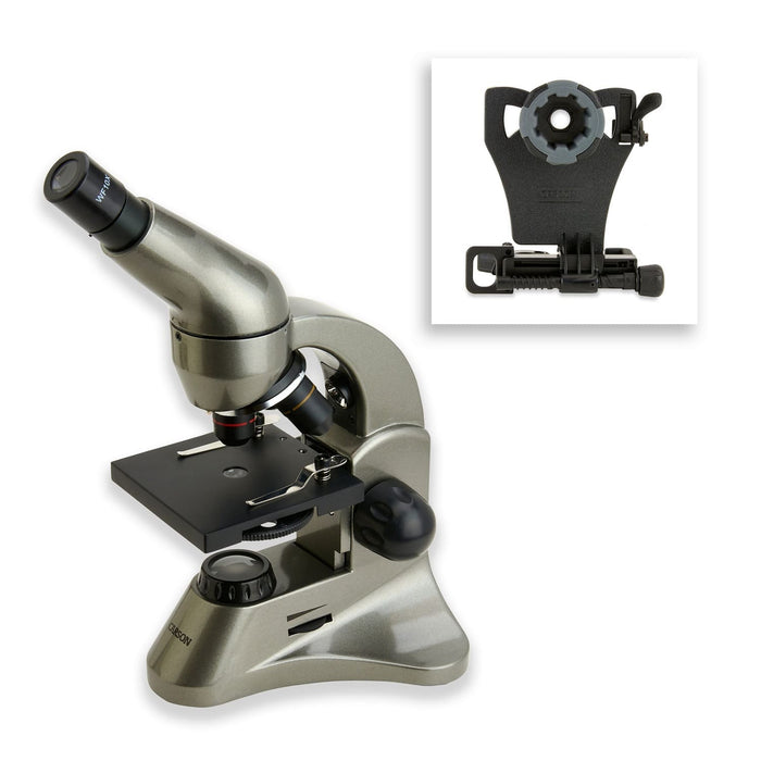 A Man Using Carson Beginner LED Biological Microscope Body and Smartphone Adapter