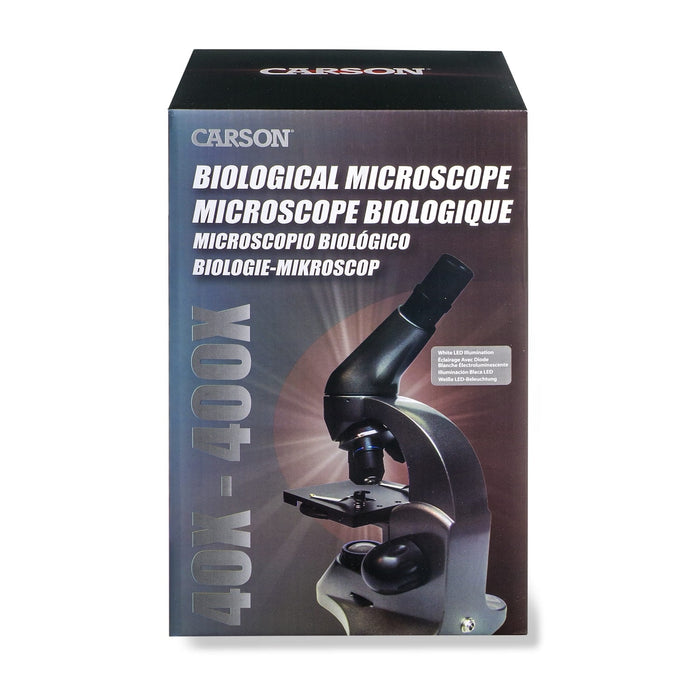 A Man Using Carson Beginner LED Biological Microscope and Smartphone Adapter Box