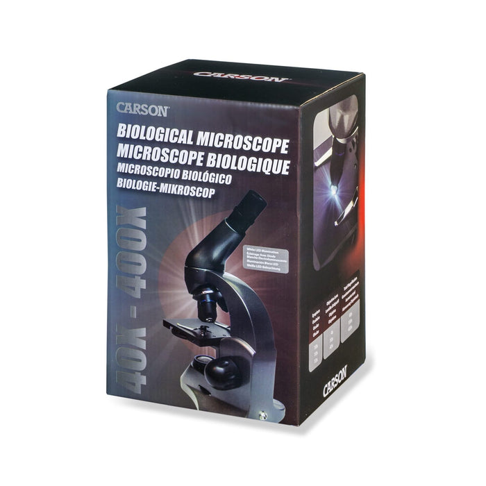 A Man Using Carson Beginner LED Biological Microscope and Smartphone Adapter Side Profile Right Box
