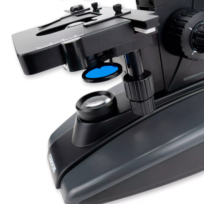 A Woman Using the Carson 40x-1600x Professional Grade Biological Microscope - Blue Color Filter with Holder