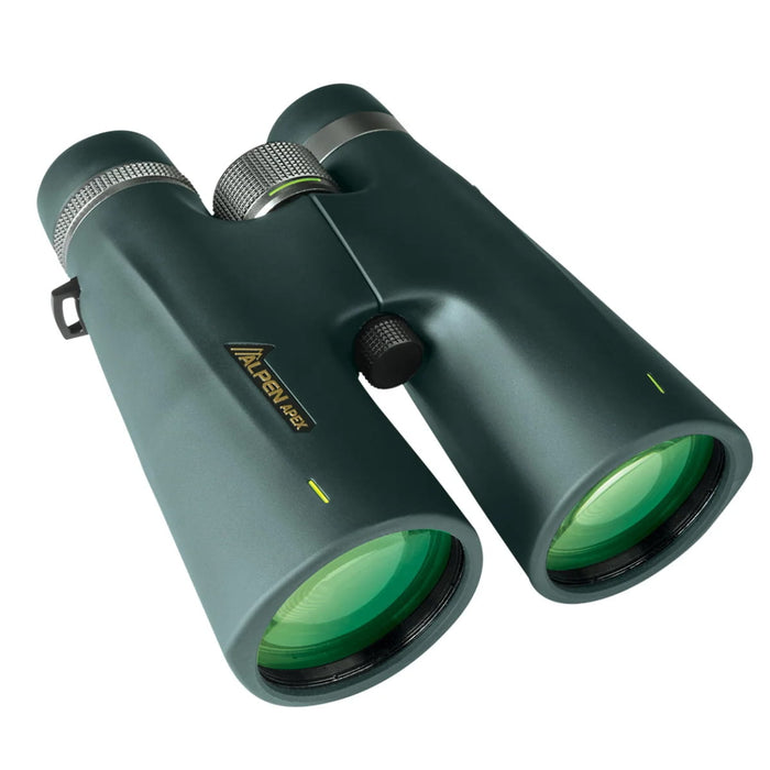 Alpen Apex 15x56mm Waterproof Binoculars - Angled Front View Showing Green-Coated Objective Lenses
