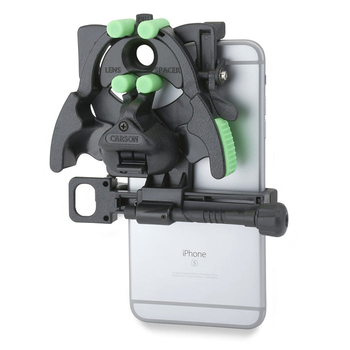 Carson HookUpz™ 2.0 Universal Smartphone Digiscoping Adapter Attached to Smartphone