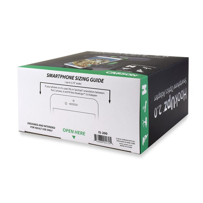 Carson HookUpz™ 2.0 Universal Smartphone Digiscoping Adapter Under Profile of Box