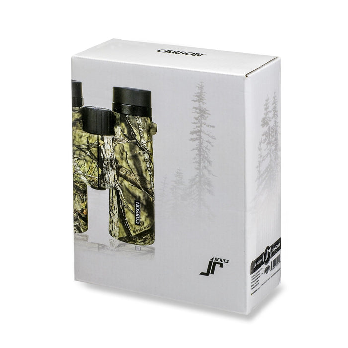 Carson JR Series 10x42mm Waterproof Binoculars in Mossy Oak Box Leaning on Right