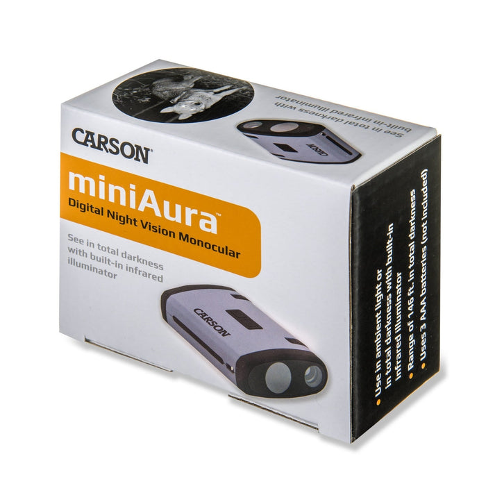 Carson MiniAura Digital Night Vision Monocular Left Side Profile of Box