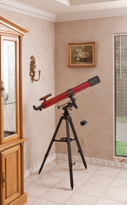 Carson Red Planet 50-111x90mm Refractor Telescope with Digiscoping Adapter Standing at the Corner Indoors