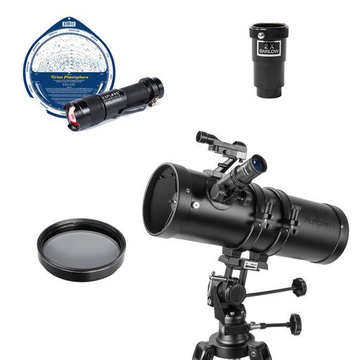 Explore One Aurora II Flat Black 114mm Slow Motion AZ Mount Telescope Ultimate Bundle Package and Bonus Accessories