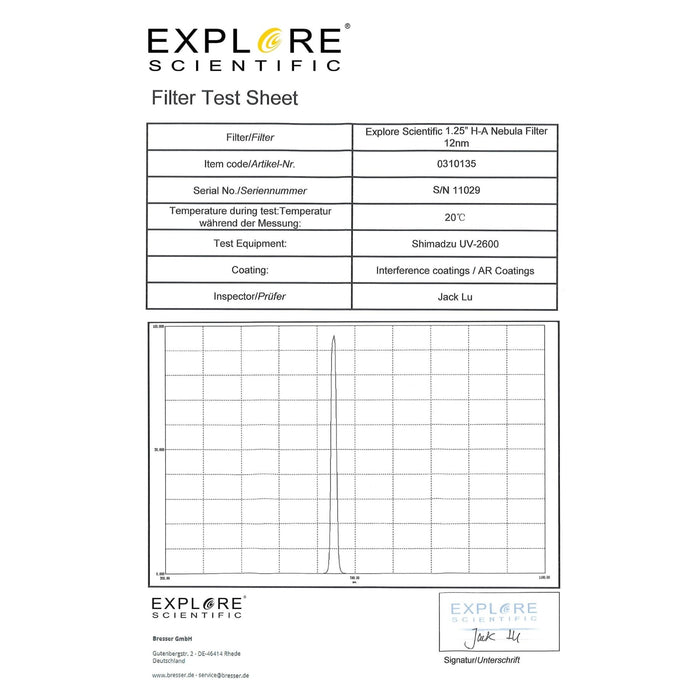 Explore Scientific 1.25-inch 12nm Nebula Filter H-Alpha - 310135 Filter Test Sheet