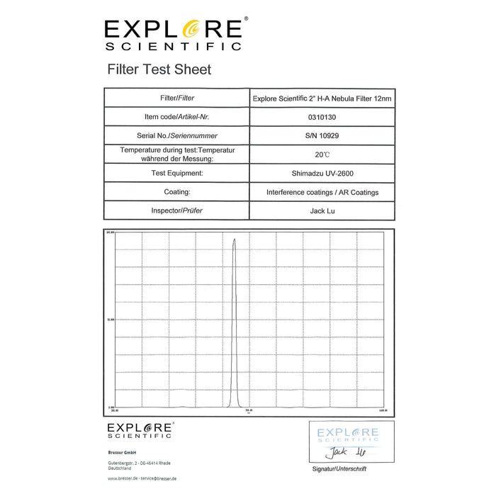 Explore Scientific 2-inch 12nm Nebula Filter H-Alpha - 310130 Filter Test Sheet