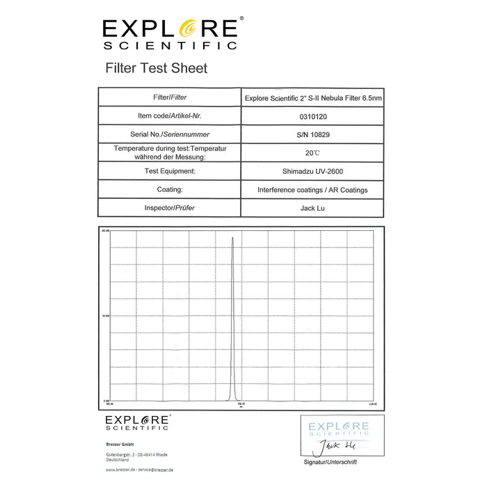 Explore Scientific 2-inch 6.5nm Nebula Filter S-II - 310120 Filter Test Sheet