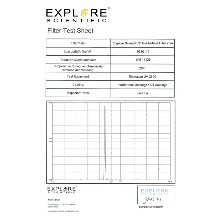 Explore Scientific 2-inch 7nm Nebula Filter H-Alpha - 310140 Filter Test Sheet