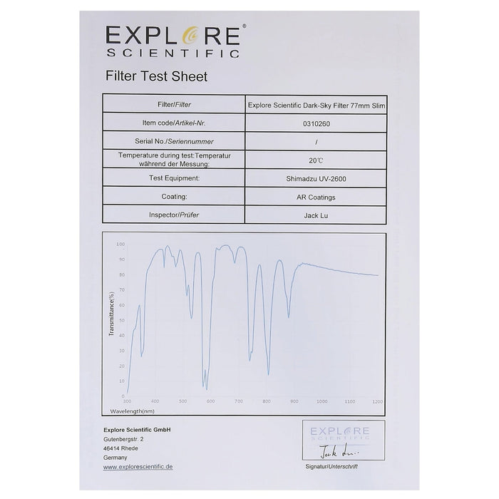 Explore Scientific 77mm Slim Dark-Sky Filter - 310260 Filter Test Sheet