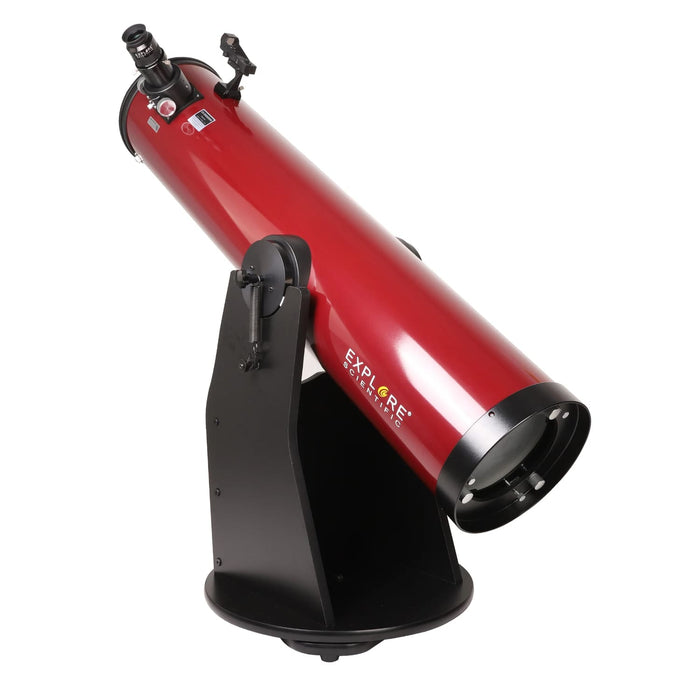 Explore Scientific 8-Inch Dobsonian Reflector Telescope in Red Body Pointed Downward Front View Profile