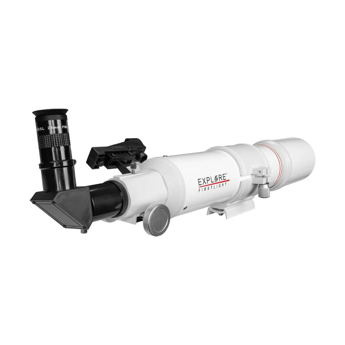 Explore Scientific FirstLight 80mm Refractor and Sidara Nano Alt-Az Mount - White 80mm Refractor Telescope with Focuser and Diagonal Angled View