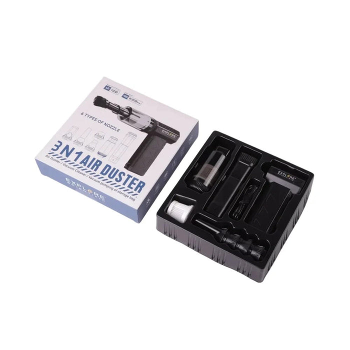Explore Scientific Hand-Held Electric Air Duster - Electric Air Duster Retail Box Opened to Show Interior Packaging and Accessories