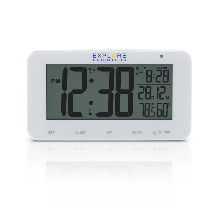 Explore Scientific Large Display Radio Controlled Alarm Clock in White Body