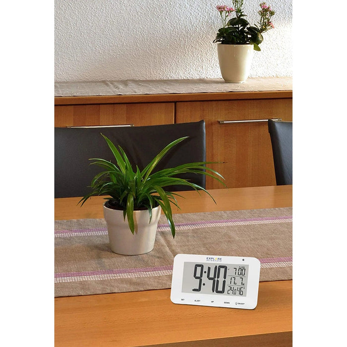Explore Scientific Large Display Radio Controlled Alarm Clock in White Lifestyle Photo