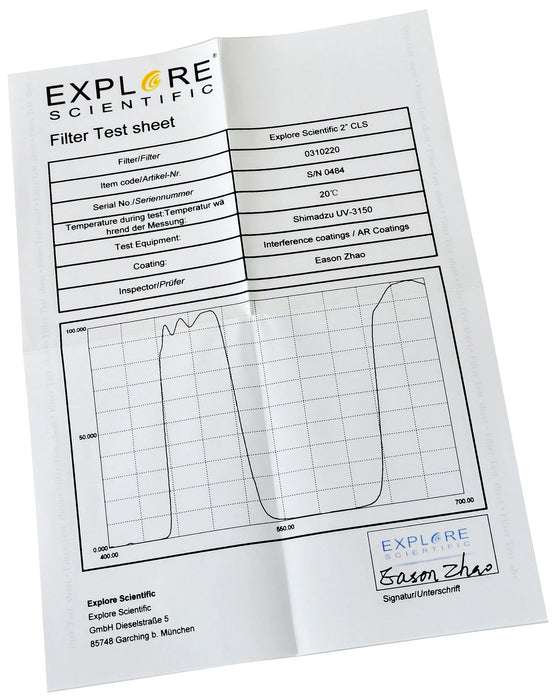 Explore Scientific Nebula Filter CLS 2.0-inch Filter Test Sheet