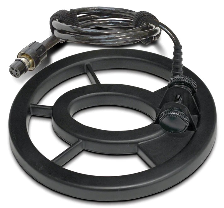 Fisher 7-Inch Black Round Metal Detector Search Coil Body with Screw Cable Side Profile Left