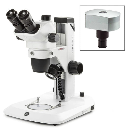 Globe Scientific Euromex NexiusZoom EVO Trinocular Microscope, 0.65x to 5.5x Zoom Objective with Rack & Pinion Stand and Camera - Model #ENZ-1703-S-DC18